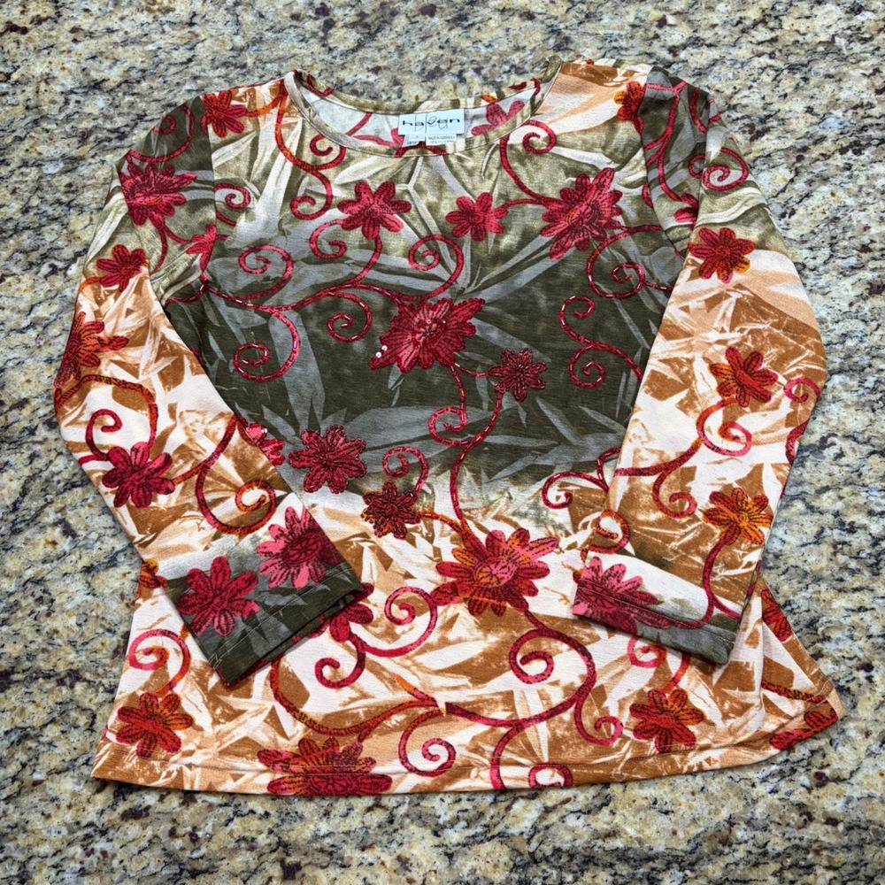 Haven Bleu Womens Large Floral Sequin Beaded Long Sleeve Top Olive Red Tan v